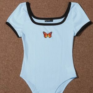 Butterfly Print Rib-Knit Ringer Bodysuit